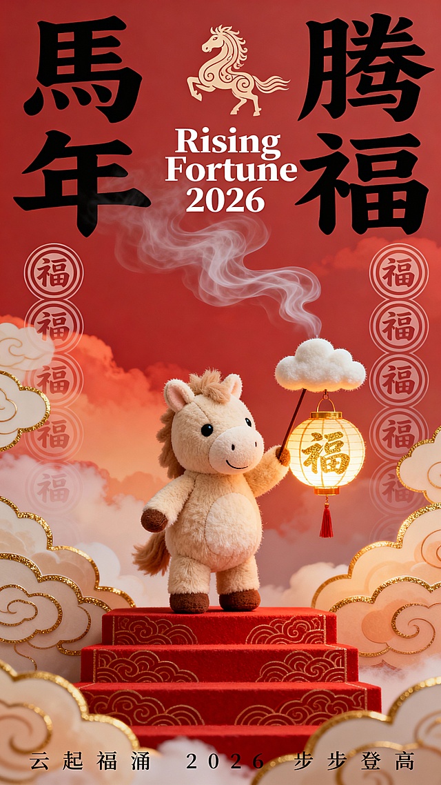 毛绒小马公仔（圆肚浅米色，神态俏皮）站立于红色祥云纹台阶，单手托举云朵形灯笼（内透“福”字金影）；背景为绯红渐变云霞，流金勾边；公仔居中偏下；画面上方浑厚黑色隶书“馬年 腾福”，中段飘绕雾白色英文“Rising Fortune 2026”，背景左右对称排列漩涡云纹“福”字，顶部缀流线型“馬”字图腾，底部隐现“云起福涌 2026 步步登高”。