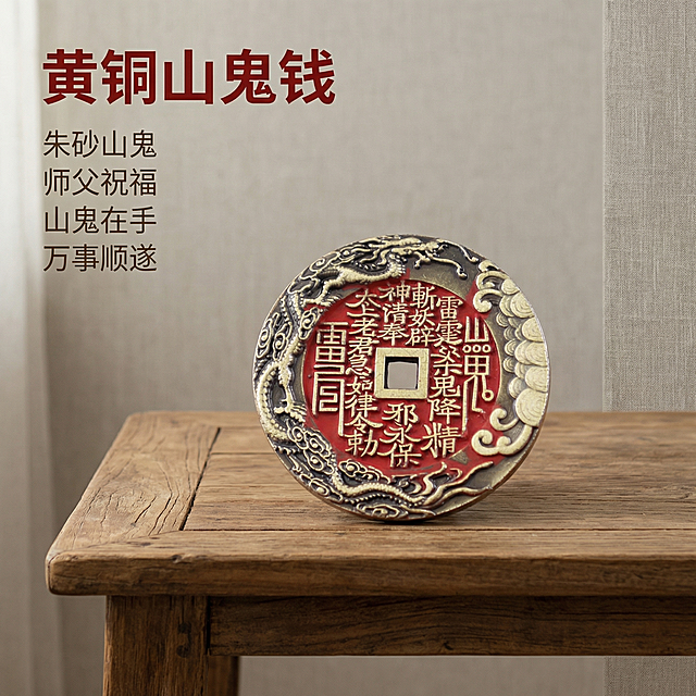 [主图 1] 黄铜山鬼钱产品首图，朱砂山鬼花钱镇宅安康
[氛围风格] 温馨舒适家居治愈风，暖调自然光
[画面元素] 商业摄影质感、光线柔和通透、产品清晰真实、画面干净高级。保持黄铜山鬼钱原有造型、朱砂纹理和雕刻细节，将产品放置在原木中式茶桌上，背景为浅暖灰色棉麻墙面，整体自然放松，保留产品细节清晰，产品居中放置，占据画面核心位置。
[配色色系] 主色调：原木暖棕、朱砂红；辅助色：浅暖灰
[视角构图] 正面平视拍摄，浅景深虚化背景，主体突出
[文字版式] 左上角负空间左对齐，主标题“黄铜山鬼钱”字体最大粗体朱砂红色；副标题四行“朱砂山鬼 师父祝福 山鬼在手 万事顺遂”字号约为一半，米白色，竖排对齐，不遮挡产品主体
[比例分辨率] 1:1比例，2k分辨率，文字清晰可辨，超高清
[负向提示词] 变形，水印，文字错乱，产品图模糊，背景杂乱，文字遮挡主体