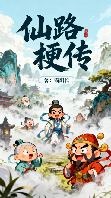 仙路梗传小说封面，玄幻搞笑风格，仙雾缭绕的奇趣修仙场景，搞怪的修仙人物形象，夸张可爱的视觉效果，色彩明快活泼，上方书名位置添加大字“仙路梗传”采用玄幻国风字体，底部添加小字“著：猫船长”，符合玄幻搞笑预览效果