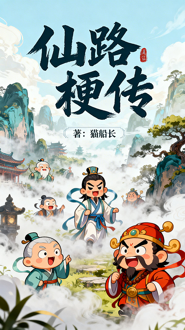国潮风融合动漫卡通，水墨山水间萌趣仙侠人物跃然纸上，大字书法题名，梦幻古典氛围中讲述趣味仙路故事。