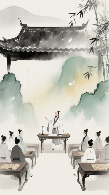 中国水墨画，教师节主题。主体为古代书院讲学：师于案后授课，古装学生恭敬围坐聆听。构图含中式飞檐，背景淡雅山水晕染、缀竹叶。色调以水墨黑白灰为主，辅浅绿、浅黄等柔色。细节有传统案几、简牍，氛围古朴典雅、预览效果