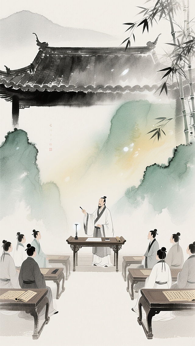 水墨风古典中式场景，竹影婆娑，师者授课，学子聆听，意境悠远。