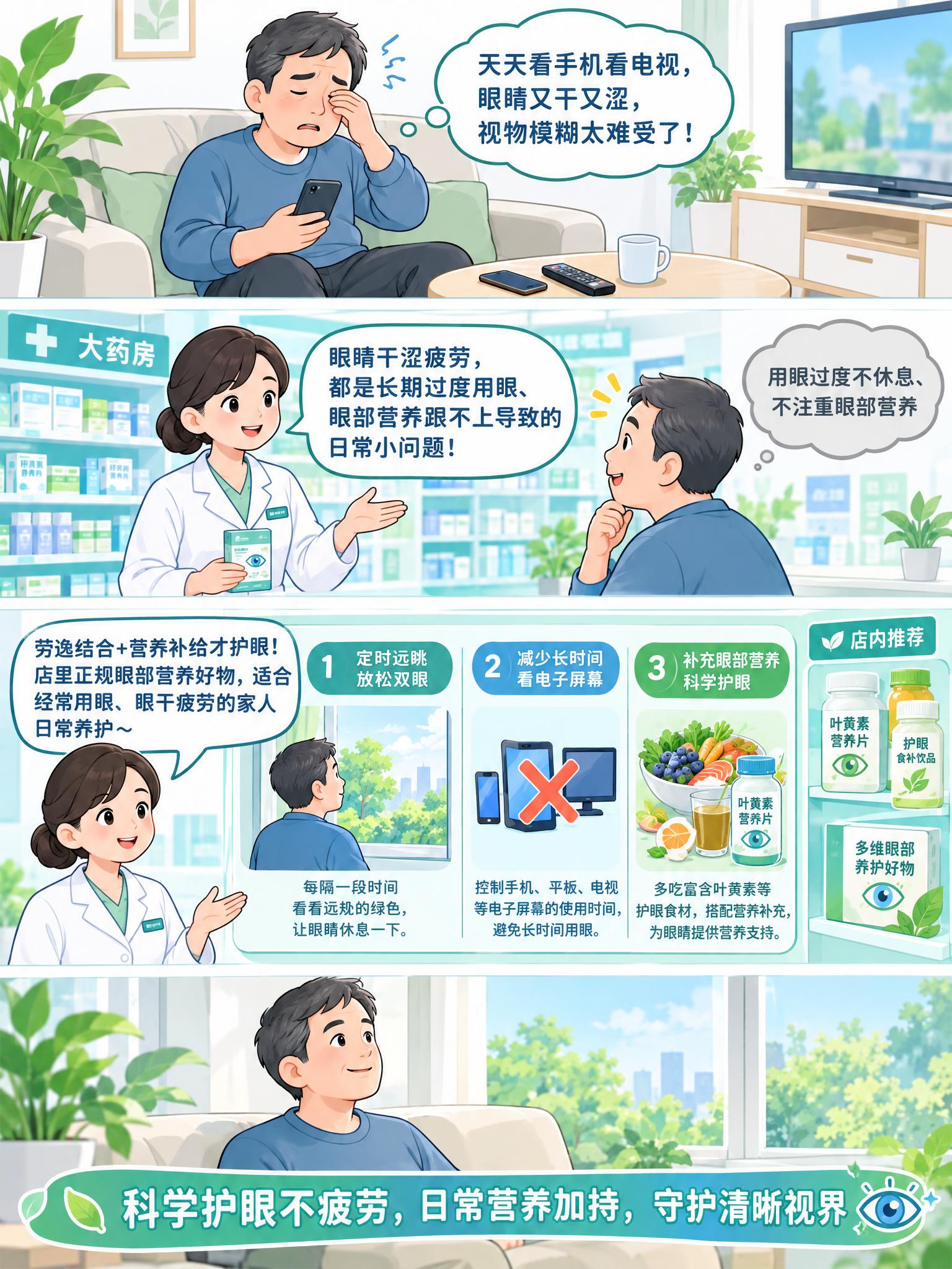 一张竖版四格科普漫画，国产通俗中老年科普卡通画风，清新蓝绿色调… - 图片创意预览