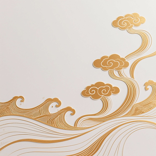 一幅具有浓郁中秋氛围的中国传统纹样设计图，画面以大面积留白为背景，主体为流畅飘逸的金色祥云与海浪纹样，线条细腻优美，呈对称式构图分布于画面一侧。暖色调的金色线条在白色背景上形成鲜明对比，营造出典雅、祥和且富有节日气息的氛围，整体风格简约而不失精致，具有浓厚的东方美学韵味和传统节日的喜庆感。