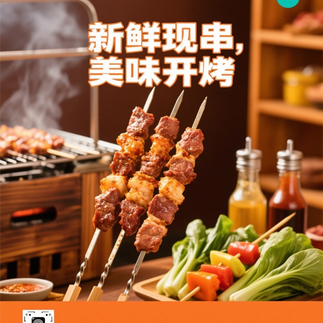 烧烤开业海报，画面中央是几串刚串好的新鲜烤肉，肉质纹理清晰，色泽鲜亮，旁边摆放着新鲜的蔬菜串和调料瓶，背景是温暖的木质烧烤架，上方有“新鲜现串，美味开烤”的醒目文字，整体色调以橙色和棕色为主，营造出热预览效果
