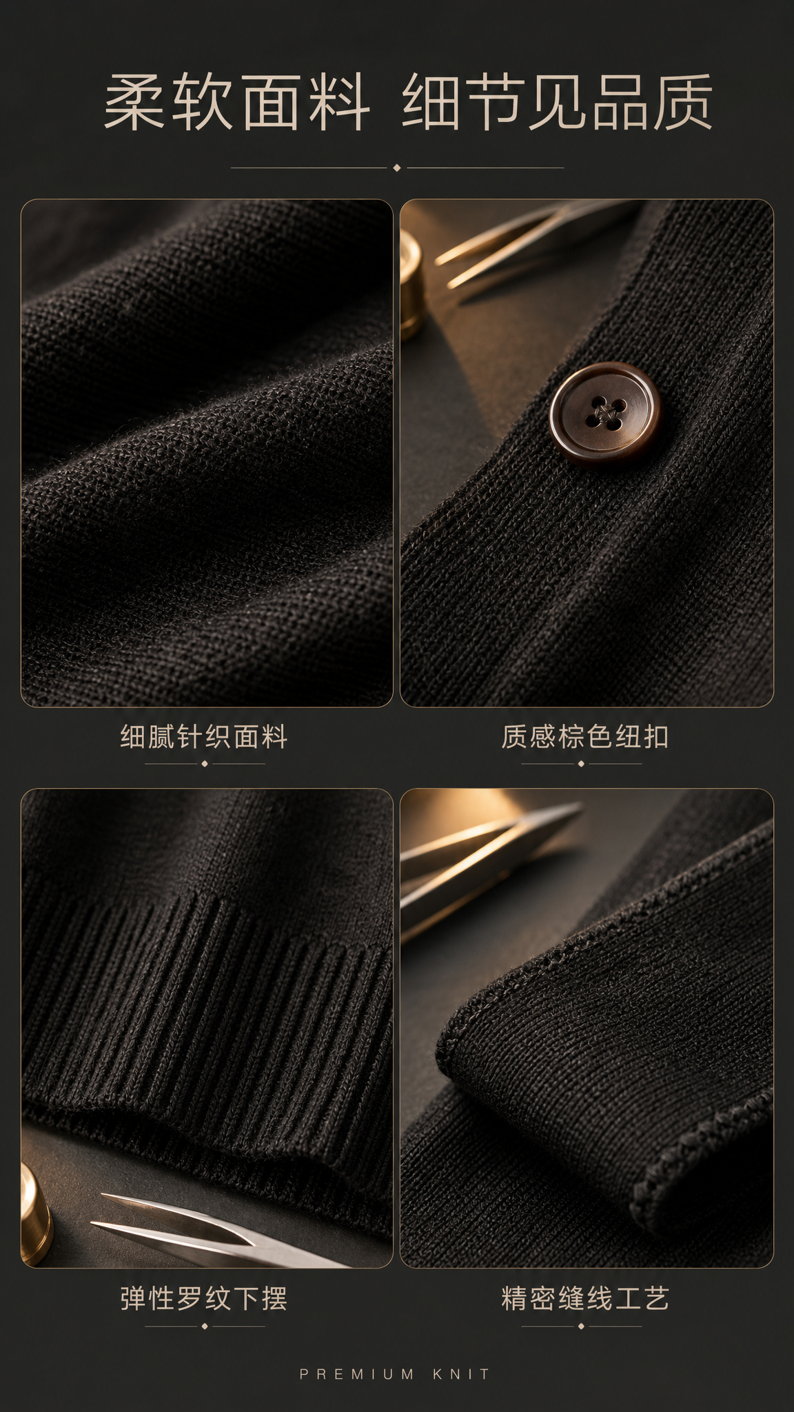 [第3张] 详情页面料与细节-经典黑色立领针织开衫面料与细节特… - 图片创意预览