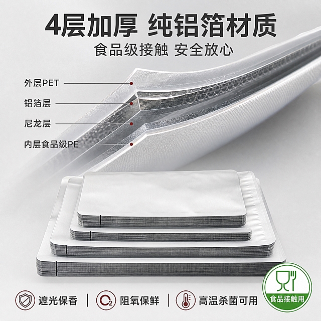 [主图-3] 主题：材质细节与安全性——4层加厚纯铝箔结构与食品级安全认证。
[统一基调] 淘宝/天猫风格，专业品质感，洁净通透，真实商业摄影质感；主色为银铝本色+浅灰+暖木色点缀，标题字用深灰近黑，辅助字用中灰，强调色用深棕红；字体为无衬线粗体标题+常规无衬线正文，字号层级清晰。
[画面] 画面中央偏上为铝箔袋袋口或侧边的微距特写，清晰展示4层加厚的断面结构：外层PET、铝箔层、尼龙层、内层食品级PE，层次分明，厚度感强。画面下方展示一叠整齐的铝箔真空袋，体现规格齐全、厂家直供的量感。背景为浅灰色高级渐变，右下角有食品接触安全标识徽章。产品特写占画面约40%，下方堆叠产品占约30%，整体构图上密下疏。
[光影质感] 微距特写采用侧逆光，突出每层材质的边界与厚度差异，铝箔层有金属高光；下方堆叠产品采用柔和顶光，边缘清晰，整体光影干净专业。
[配色] 银铝本色+浅灰渐变背景+深灰文字+绿色安全徽章点缀；层次分明，品质感强。
[文字版式] 顶部大标题："4层加厚 纯铝箔材质"，副标题："食品级接触 安全放心"；微距断面旁用引线标注4层结构名称；底部文字："遮光保香 阻氧保鲜 高温杀菌可用"；右下角安全徽章内文字："食品接触用"。文字均为无衬线体，标注线纤细清晰。
[输出要求] 比例1:1，2048x2048，2K画质，材质细节清晰，文字清晰可读；禁止产品变形，禁止改变圆形端头形状，禁止改变透视角度，禁止减少产品，禁止改变产品颜色，禁止宣传泡沫，禁止水印、平台Logo、错字、模糊。