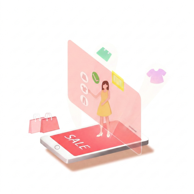 移除原图女性右侧的彩色圆形元素，将女性左手边竖直排列的三个圆形图标从上到下依次替换为裙子、上衣、裤子的简约图标，保持原有2.5D插画风格和整体色调，其余内容不变预览效果