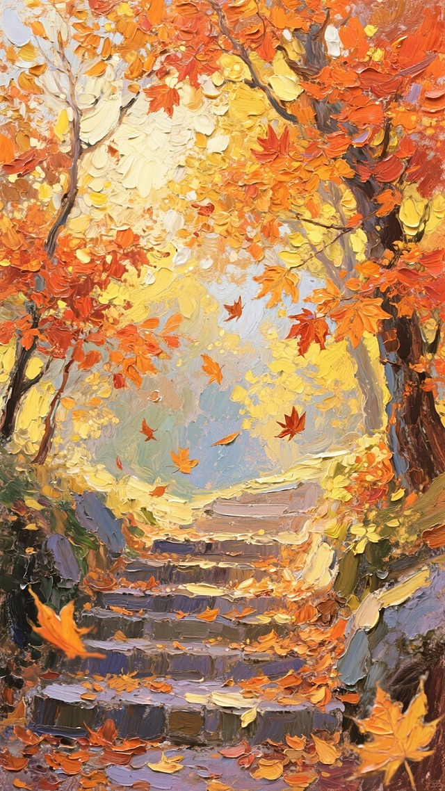画面两侧是满枝橙红枫叶，阳光透过叶片洒下，营造出暖黄光晕与光斑效果；下方是铺着落叶的石阶，落叶在空中飞舞，整体构图层次分明，色彩暖调浓郁