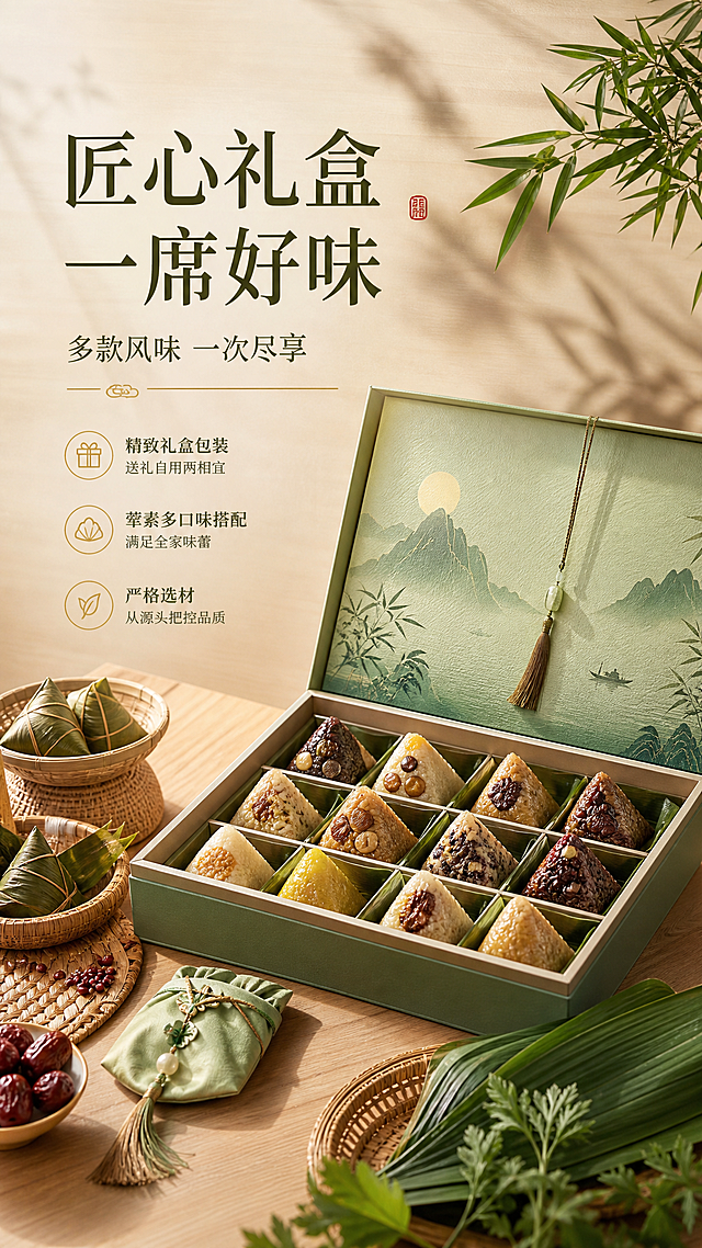 生成端午节礼品电商海报设计国潮风融合水墨意境，重拟物设计呈现粽香雅韵，刺绣质感礼盒搭配竹影绿意，传递中式古典与质朴清新之美。
