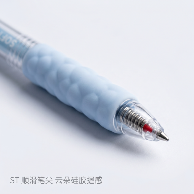 [主图-3] 爱好云朵中性笔细节展示图
[氛围风格] 干净通透特写风
[画质] 商业摄影质感、光线柔和通透、产品清晰真实、画面干净高级
[元素] 放大特写展示中性笔的ST笔尖和云朵纹理硅胶握把，笔尖金预览效果