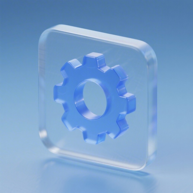 系统设置图标，齿轮样式，3D玻璃磨砂渐变蓝风格，浅蓝色背景预览效果