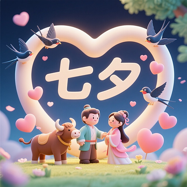 发光心形框中 “七夕” 二字，牛郎织女牵手站于草地，旁有萌牛、飞燕与粉心，3D 渲染的童话场景，盛满传统佳节的甜蜜。