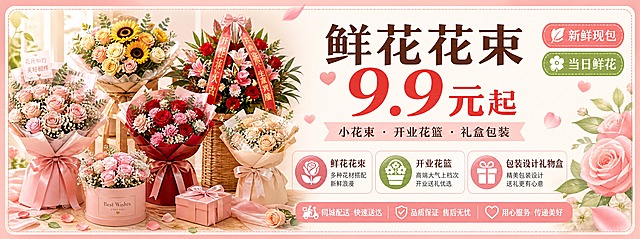 一张鲜花摆摊灯箱横版海报，超宽横幅比例。画面左侧为精美鲜花花束和开业花篮的花艺场景，玫瑰、向日葵、满天星等多种鲜花色彩缤纷，包装精美，有丝带和礼盒点缀，温馨浪漫。右侧为文字信息区。主标题大字醒目："鲜花花束 9.9元起"，价格"9.9元"用红色或橙色突出放大。副标题："小花束 · 开业花篮 · 礼盒包装"。下方列出品类："鲜花花束"、"开业花篮"、"包装设计礼物盒"。角落有"新鲜现包"、"当日鲜花"小标签。整体风格清新温馨，暖粉色和米白色为主色调，绿色花叶点缀，光线柔和明亮，适合灯箱远距离观看，文字清晰醒目。版式精美，左右分栏布局，左侧花艺主视觉，右侧信息区，四周留有安全边距。画面中所有信息区域必须填充完整合理的内容，不得出现空白框或待填写区域。画面中所有数字必须精确渲染，不得错位、遗漏或编造。