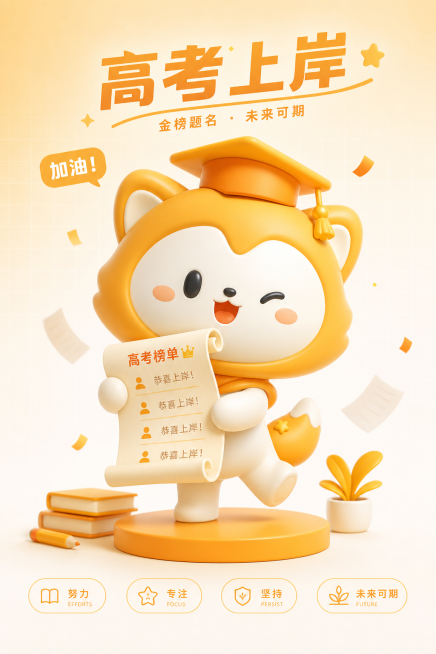 参考参考图片的橙黄色可爱风格，重新生成一个扁平化的橙黄色可爱IP形象，头上戴着橙黄色的博士帽，手里拿着高考榜单，保持整体可爱软萌的质感，配色延续参考图的橙黄色系预览效果