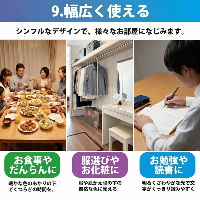 保留整张图片的原有排版结构和所有文案文字内容不变，将左侧第一个场景替换为新的家庭聚会吃饭场景，中间第二个场景替换为新的更衣间场景，右侧第三个场景替换为新的阅读写字场景，将三个底部文案框更换为不同的颜色预览效果