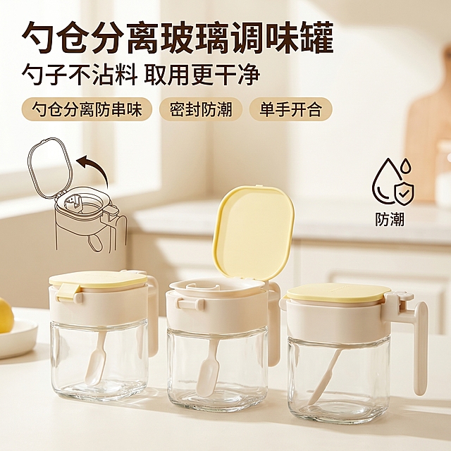[主图 1] 勺仓分离玻璃调味罐产品首图，突出产品核心卖点。
[氛围风格] 简约温馨奶系厨房风格，干净整洁，拼多多电商风格，大字直白清晰。
[画质] 商业摄影质感、光线柔和通透、产品清晰真实、画面干净高级，文字清晰可辨，超高清。
[元素] 三只米白浅黄色盖勺仓分离玻璃调味罐并列前景居中放置，展示产品完整外观。右侧添加防潮水滴图标。左上角添加"勺仓分离"示意线稿，标注盖子开合动线。保持玻璃调味罐产品外观（物理结构、材质质感、颜色）与输入产品图绝对一致，杜绝任何变形和色差，精细化处理。商品主体占比严格控制在65%左右，满屏无边框，背景为纯净奶油白色，浅暖调厨房背景虚化。
[光影] 明亮柔和的自然光从左侧照射，整体光线均匀通透，产品轮廓清晰，轻微阴影增加立体感，干净明亮无暗部死黑。
[配色] 主色调奶油白，搭配产品本身米白浅黄色，色调干净温馨。
[视角构图] 平视视角，产品居中，景深适中，画面干净主体突出。
[文字版式] 顶部左侧左对齐留安全边距，主标题"勺仓分离玻璃调味罐"深棕色粗体最大号，副标题"勺子不沾料 取用更干净"棕色约一半大小。下方三个浅黄色胶囊标签横向排列，分别是"勺仓分离防串味"、"密封防潮"、"单手开合"，深棕色文字，整体层级清晰，文字不遮挡主体。
[比例分辨率] 1:1 比例，2k 分辨率。
[负向提示词] 变形，水印，文字错乱，产品图模糊，背景杂乱，配色刺眼，遮挡主体