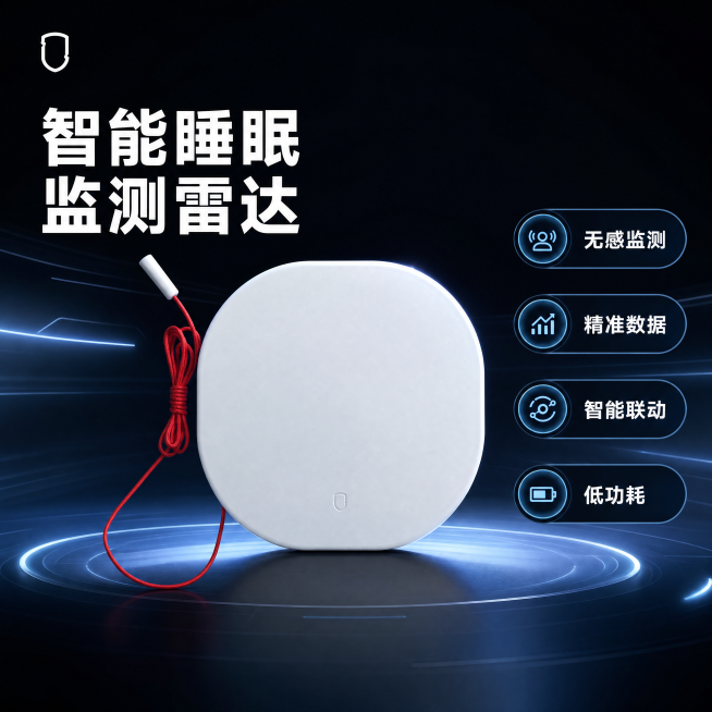 [主图1] 睡眠检测雷达首图，科技感风格。产品居中放置，保持白色圆润方形、红色挂绳外观结构颜色和原图一致，占画面60%。深色科技感背景搭配浅蓝色发光线条，左上角产品Logo提取自原图保持样式不变。左上预览效果