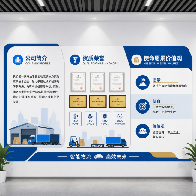 企业文化墙设计，采用扁平化设计风格，整体排版清晰简洁，包含三个板块：公司简介、资质荣誉、使命愿景价值观。文案内容：愿景：做特色智能物流标杆服务商，使命：一站式智能物流，赋能企业高效生产，价值观：诚信立预览效果