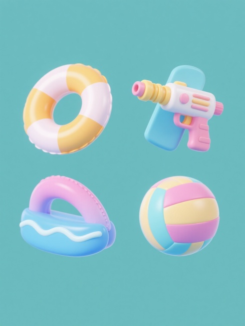 一套4个不同夏日水上玩具的3D渲染图标，保持圆润可爱的卡通风格，每个玩具具有光滑的塑料质感和明亮的渐变色彩，包含充气游泳圈、喷水枪、浮板和水上排球，元素类目不变，整体色彩变换为不同的马卡龙色系组合，每个玩具独立置于纯色背景上，4个图标呈2x2网格规整排布，画面简洁明快，充满夏日活力，无文字和二维码。预览效果