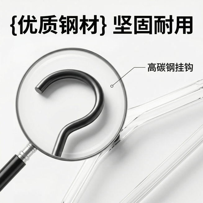 [主图 3] 优质钢材材质细节展示
[氛围/风格] 微距质感，高级工业风
[画面元素] 商业摄影质感、光线柔和通透、产品清晰真实、画面干净高级。放大镜效果放大衣架挂钩钢材部位，展示钢材的光滑质感和坚固预览效果
