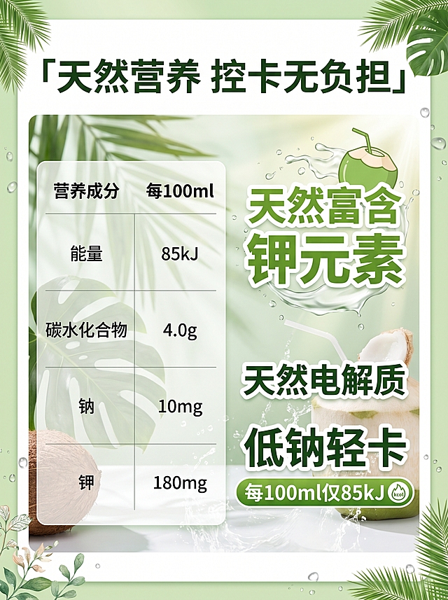 嗨嗨派100%纯椰子水详情页权威营养板块单张，3:4手机竖版。风格清新自然 森系热带ins风，主色调清新椰绿+纯净白，干净通透。顶部加粗标题：「天然营养 控卡无负担」，左侧展示清晰营养成分对照表，右侧大字体高亮突出：天然富含钾元素，天然电解质，低钠轻卡，每100ml仅85kJ。排版主次分明，重点信息加粗放大，干净清晰，适配手机竖屏浏览。
[比例分辨率] 3:4 比例，2k 分辨率
[负向提示词] 变形，水印，文字错乱，产品图模糊，背景杂乱。