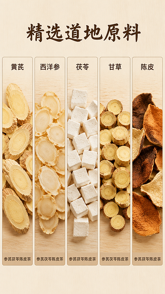 「图片1」，生成一套详情页，商品名称为参芪茯苓陈皮茶，适配抖音/快手平台，单图比例为9:16，需求屏数为6张。原材料为：黄芪，西洋参，茯苓，甘草，陈皮