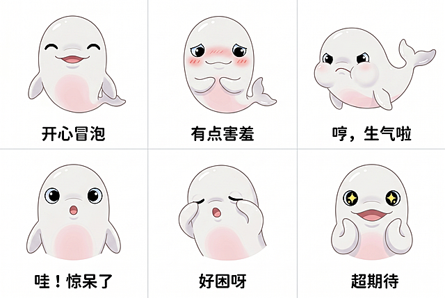 以参考图中的白色Q版小白鲸为原型，保持它的造型、配色和可爱扁平卡通风格不变，原型为白色Q版白鲸，有着圆圆的大眼睛、粉色渐变肚皮、光滑的质感。制作一套6个表情包，整齐排列成2行3列的网格布局，背景为纯白色，所有角色比例、光影、风格完全统一。6个表情包分别是：1. 开心微笑，眼睛弯成月牙，下方配字"开心冒泡"；2. 害羞脸红，脸颊泛粉，下方配字"有点害羞"；3. 鼓嘴气鼓鼓，尾巴翘起来，下方配字"哼，生气啦"；4. 瞪大眼睛，嘴巴微张，下方配字"哇！惊呆了"；5. 揉眼睛打哈欠，懒洋洋的，下方配字"好困呀"；6. 托着下巴，星星眼，下方配字"超期待"。整体风格和参考图一致，干净明亮的色彩，柔和的线条，文字使用圆润可爱的中文卡通字体，每个表情包的文字居中放在角色下方，排版整齐对齐，高清画质。