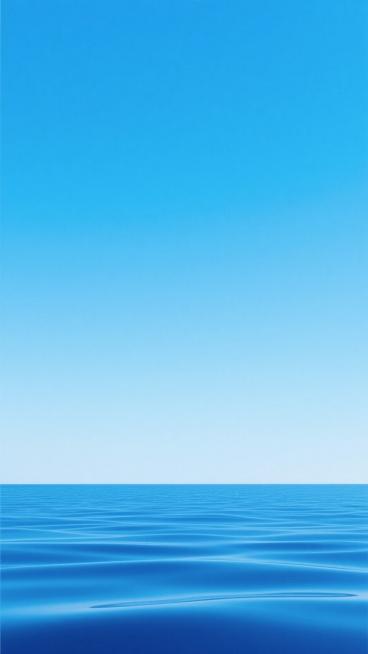 一张具有极简设计感的海面背景海报，画面中呈现出平静广阔的蓝色海洋，海水呈现出从底部较深的靛蓝色逐渐向上过渡到清澈明亮的天蓝色的渐变效果，表面有规律且细腻的横向波纹，波纹线条流畅自然，具有柔和的动感。上方是纯净的浅蓝色天空，海天相接处形成一条清晰而遥远的水平线，整个画面色彩和谐统一，以不同深浅的蓝色为主色调，营造出宁静、开阔、清新且具有深度的氛围。画面中没有任何文字、LOGO或其他装饰元素，视觉……预览效果