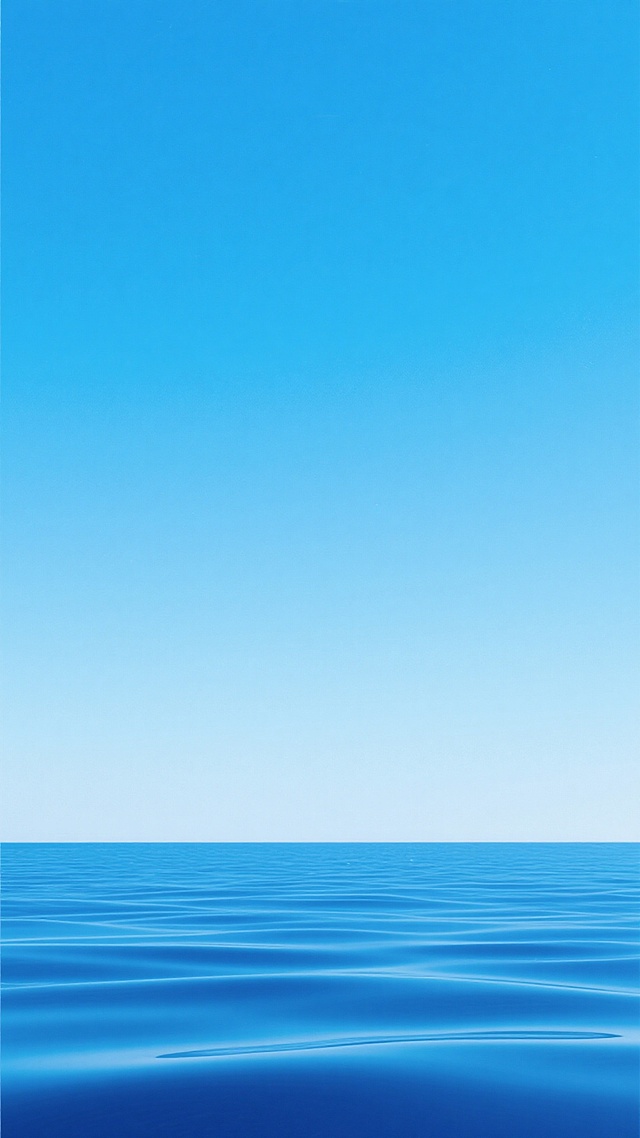 一张具有极简设计感的海面背景海报，画面中呈现出平静广阔的蓝色海洋，海水呈现出从底部较深的靛蓝色逐渐向上过渡到清澈明亮的天蓝色的渐变效果，表面有规律且细腻的横向波纹，波纹线条流畅自然，具有柔和的动感。上方是纯净的浅蓝色天空，海天相接处形成一条清晰而遥远的水平线，整个画面色彩和谐统一，以不同深浅的蓝色为主色调，营造出宁静、开阔、清新且具有深度的氛围。画面中没有任何文字、LOGO或其他装饰元素，视觉层级简洁明了，信息传达效率极高，留白运用恰到好处，整体风格偏向现代、简约、写实与抽象的结合，给人一种平静致远的感觉。