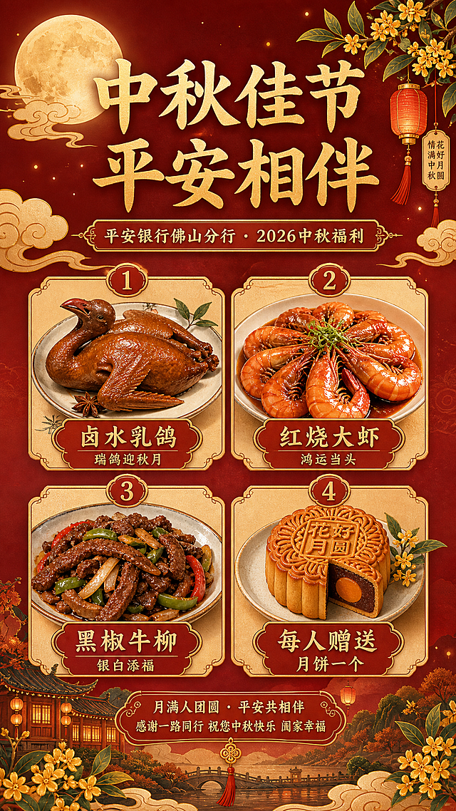 一张中秋食堂加餐宣传海报，国风新中式工笔风格，竖版9:16。画面顶部居中大标题"中秋佳节 平安相伴"，副标题"平安银行佛山分行 · 2026中秋福利"。背景为深酒红色渐变，点缀金色祥云纹样、圆月、桂花枝、灯笼等中秋元素，营造温馨喜庆的节日氛围。中间区域展示四道菜品/福利的精美图案，每道配文字说明：1. 卤水乳鸽 · 瑞鸽迎秋月；2. 红烧大虾 · 鸿运当头；3. 黑椒牛柳 · 银白添福；4. 每人赠送月饼一个（配月饼图案）。整体配色以深红、金色、暖黄为主，传统国风韵味，版式精美，层次分明，文字清晰可读，适合微信群传播。画面底部没有额外的小月饼图案、没有"免费加餐"字样，所有信息区域必须填充完整合理的内容，不得出现空白框或待填写区域。