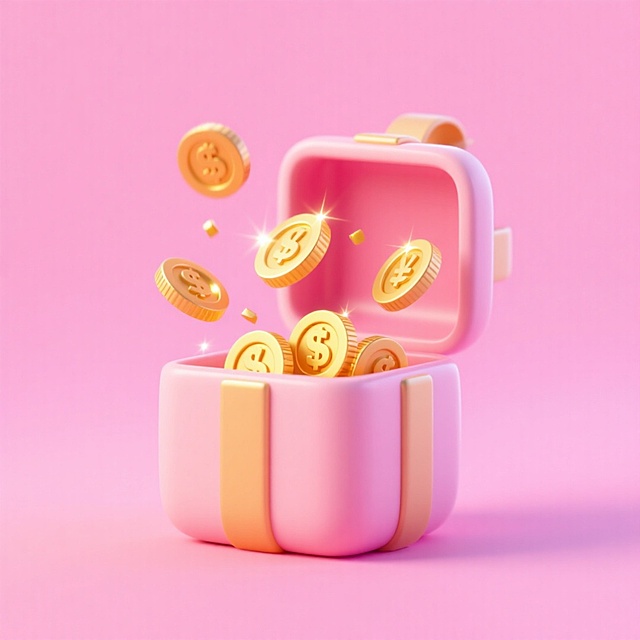 软3D风格的粉色宝箱，金币跃动飞出，甜蜜可爱梦幻感十足，塑料质感强化童趣，适合节日庆祝与好运主题。
