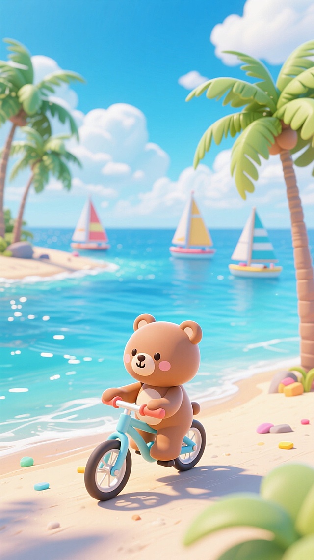 头身比1:1的小熊在海边，骑着自行车，椰子树，海，船，蓝天白云