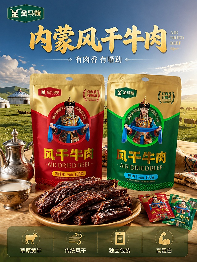 [第1屏] 详情页头图主视觉-金马鞍风干牛肉双口味草原场景海报。本屏使用【图2】作为商品主体（原味绿袋+香辣味红袋）。
[氛围/风格] 内蒙古草原民族风 大气食欲感 真实商业摄影质感 与主图套图风格统一。
[元素布局] 画面中下部并排放置金马鞍风干牛肉两袋：左侧红色香辣味，右侧绿色原味，包装袋外观（品牌Logo、人物形象、绿金红配色、文字排版）与输入产品图绝对一致，杜绝变形色差。包装袋前方摆放一盘撕开的风干牛肉条，牛肉纹理清晰油亮，旁边散落几袋独立小包装。背景为辽阔的内蒙古草原风光，蓝天白云下远处蒙古包与牛群剪影，前景有浅木色餐桌与银碗奶茶壶。产品主体占比约60%。左上角放置金马鞍品牌Logo。
[光影质感] 自然暖阳侧逆光从右上方打亮牛肉干纹理与包装袋金边，形成通透油亮的食欲感；左前方柔光补亮暗部，桌面有柔和投影；整体暖调，高光不溢、暗部有层次。
[配色色系] 全局底色 草原绿渐变天空蓝；主色 草原绿+马鞍红+金色；辅助色 牛肉深棕、奶白、浅木色。
[视角构图] 45度平视略俯，产品为视觉中心；前中后景分层、景深中等，背景虚化突出主体；阅读动线 顶部标题 → 中部产品 → 底部卖点。
[文字版式] 顶部居中主标题「内蒙风干牛肉」，金色粗体书法质感大字；副标题「有肉香 有嚼劲」，白色细黑体约半高；主标题旁英文装饰「AIR DRIED BEEF」。底部半透明蒙层横向排列四卖点图标：「草原黄牛」「传统风干」「独立包装」「高蛋白」，图标金色，文字白色。
[比例分辨率] 3:4 竖版比例，4K分辨率，文字清晰可辨，高清画质。
[负向提示词] 变形，水印，文字错乱，文字过小，缺件错件，结构错误，颜色偏差，包装文字错乱，产品图模糊，背景杂乱，人物面部异常。