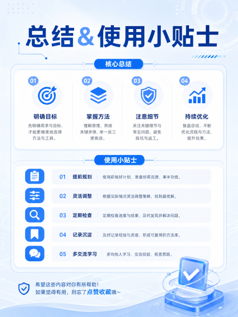 小红书科普收尾内页，标题文字'总结&使用小贴士'，干净简约竖版排版，蓝白色科技风，总结要点清晰易读预览效果