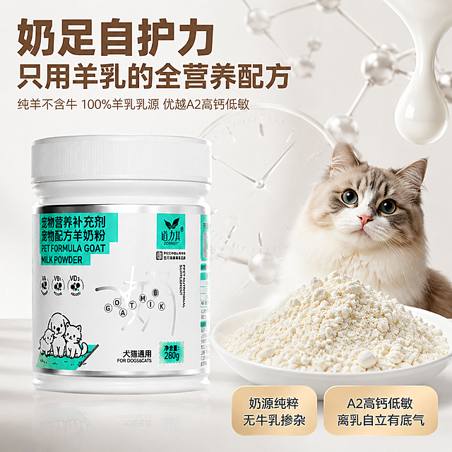 [主图-4] 奶足自护力 只用羊乳的全营养配方主图。
[氛围风格] 纯粹高级，突出奶源质感的宠物食品风格
[画质] 商业摄影质感，光线柔和通透，产品清晰真实，画面干净高级
[元素] 左侧完整展示谊力其宠物羊奶粉罐，右侧搭配羊乳粉细腻质感特写，特写旁放置一只长毛萌猫；背景搭配淡灰色分子结构和简约时钟元素，突出"纯粹不掺假"产品概念。保持奶粉罐外观（物理结构、材质质感、颜色）与输入产品图绝对一致，杜绝任何变形和色差，精细化处理。商品主体占比严格控制在60%-80%之间，画面满屏无边框。
[光影] 左侧主光突出奶粉罐质感，右侧特写用柔和高光突出粉质细腻，整体光影干净通透，明暗层次分明。
[配色] 主色调奶白色搭配浅灰色，羊乳粉为米白色，萌猫自然毛色，文字深棕色清晰易读。
[视角构图] 左产品右特写萌宠，二分结构平视构图，景深适中，层次清晰。
[文字版式] 左上主标题"奶足自护力 只用羊乳的全营养配方"，圆润粗体深棕色最大字号；副标题"纯羊不含牛 100%羊乳乳源 优越A2高钙低敏"，字号缩小一半，浅棕色；两个卖点标签放在右下："奶源纯粹\n无牛乳掺杂"，"A2高钙低敏\n离乳自立有底气"，浅棕色圆角标签，文字清晰不遮挡主体。
[比例分辨率] 1:1比例，2048x2048像素，文字清晰可辨，超高清。
[负向提示词] 变形，水印，文字错乱，产品图模糊，背景杂乱，颜色失真，文案遮挡主体