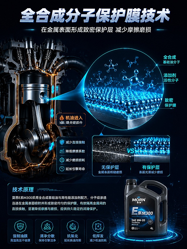 [第4屏] 核心技术-全合成润滑技术原理与机油分子保护机理示意。
[氛围/风格] 科技机理风，深色背景，3D分子结构可视化，专业严谨。
[元素布局] 画面左侧为引擎气缸剖面示意图，展示活塞与气缸壁；右侧为放大的机油分子保护层3D效果图，球形分子紧密排列在金属表面形成保护膜；中间有箭头指示机油如何进入引擎部件；背景有数据网格线和科技感粒子效果；底部有莫恩E系M300机油罐小图展示。
[光影质感] 分子结构有自发光效果，呈现青蓝色荧光质感；引擎剖面有金属质感和工业光影；整体暗调突出科技机理，光线集中在核心展示区。
[配色色系] 全局底色 #0A1628 深蓝黑；主色青蓝色荧光 #00D4FF；辅助色橙色高亮 #FF6B00、金属银灰色。
[视角构图] 横版剖面视角，左引擎结构 + 右分子放大，阅读动线从左到右再到下方产品。
[文字版式] 顶部主标题「全合成分子保护膜技术」，副标题「在金属表面形成致密保护层 减少摩擦磨损」；分子区域标注「全合成基础油分子」「添加剂活性分子」「致密保护膜」；底部有技术原理说明文字。
[比例分辨率] 3:4竖版比例，4K分辨率，文字清晰可辨，高清画质。
[负向提示词] 文字错乱，分子结构模糊，水印，颜色偏差，引擎结构错误。