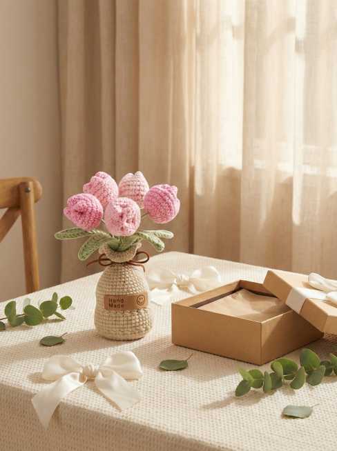 给产品针织摆件生成一个送礼场景图预览效果