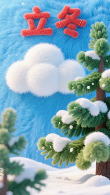 做一个立冬风格的海报，蓝天白云青翠的松枝上有一些积雪，看起来很清新的样子，画面最上方写着立冬二字，很唯美的感觉。9:16尺寸预览效果
