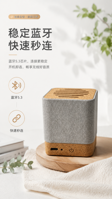 软木布艺方形蓝牙音箱卖点图，极简森系实用风，主色调白、浅灰、原木色，搭配低饱和绿植点缀，用蓝牙图标搭配文字清晰列出卖点"稳定蓝牙，快速秒连"，整体干净清爽，排版清晰，适配9:16竖版电商展示预览效果
