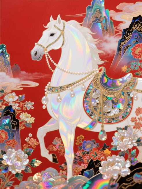 主体是白色骏马（装饰珍珠缰绳、华丽鞍具），背景含大量中国风花卉元素和山水，迷幻，意识流，红色背景预览效果