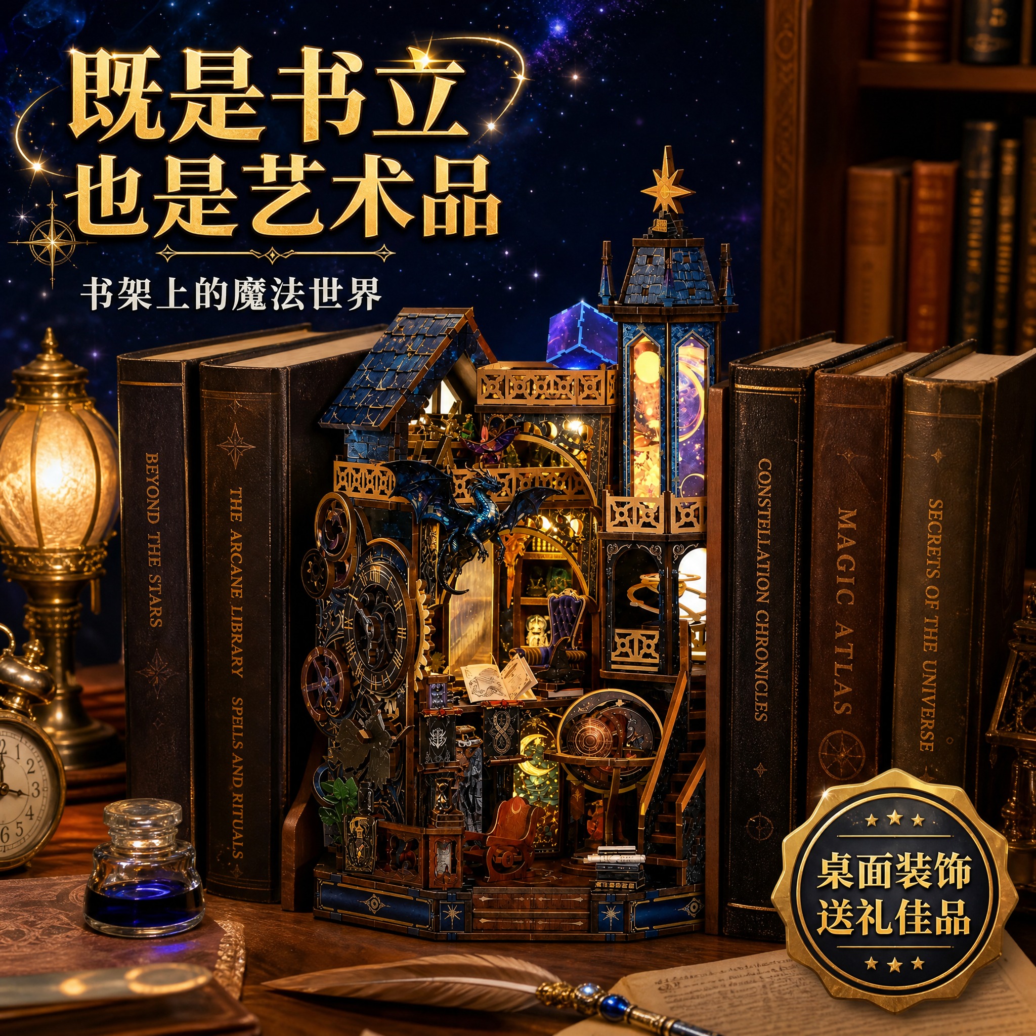 [主图-4] 场景展示图，展示魔法星穹魔塔作为书立和桌面摆件的… - 图片创意预览