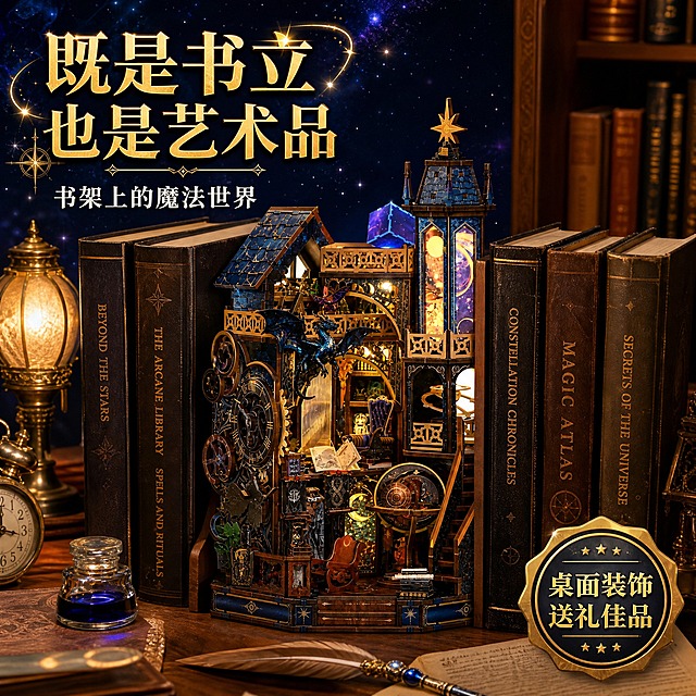 [主图-4] 场景展示图，展示魔法星穹魔塔作为书立和桌面摆件的实际使用效果。
[统一基调] 拼多多风格，大字直白，深蓝紫金奇幻魔法配色，背景为深邃星空魔法场景，带星点光晕和魔法粒子效果，主标题用金色粗体大字，辅助文字用白色，强调色为魔法蓝紫色，字体为厚重衬线体，有魔法光效装饰。
[画面] 真实书房桌面场景，魔法星穹魔塔拼装书立立在书架上，两侧夹着几本精装魔法主题书籍，完美发挥书立功能。桌面还有复古台灯、羽毛笔、墨水瓶、打开的魔法书等装饰，营造魔法书房氛围。魔塔的灯光点亮，在书架中成为视觉焦点。整体场景温馨有格调，体现产品既是书立又是装饰摆件。
[光影质感] 真实家居环境摄影质感，暖色调台灯光线为主，环境光柔和，魔塔内部灯光自然透出，木质书立与书籍质感真实，桌面有自然的物品投影，整体氛围温暖治愈。
[配色] 暖棕色木质书桌，深色调书籍，魔塔木色+蓝金色，暖黄灯光，整体暖色调温馨，点缀魔法蓝光。
[文字版式] 左上角大标题"既是书立 也是艺术品"金色粗体大字。下方副标题"书架上的魔法世界"白色中号字。右下角加"桌面装饰 送礼佳品"金色小徽章。
[输出要求] 1:1正方形，2048x2048，产品融入场景自然，无悬浮感，灯光效果真实，文字清晰不遮挡主体，无错字，无水印，无平台Logo，场景真实有代入感。