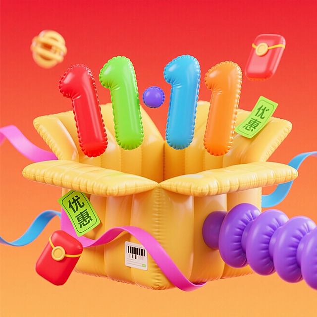 3D充气风礼盒爆裂出彩色数字气球，融合波普艺术色彩与重拟物质感，传递双11促销的喜庆与趣味感。