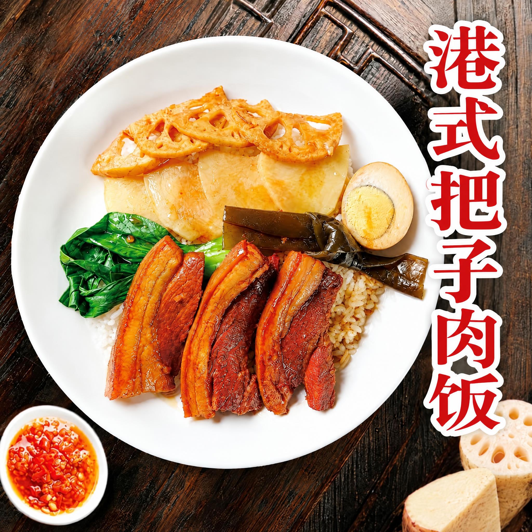 将图片右侧竖排文字"港式五花肉饭"修改为"港式把子肉饭"，保持… - 图片创意预览