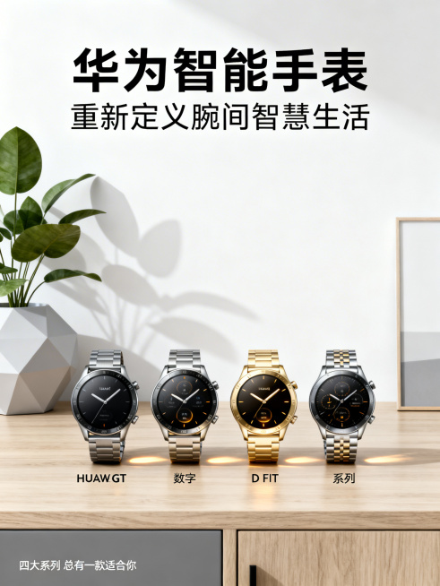 华为智能手表四大系列产品营销海报，展示GT、数字、D、FIT系列智能手表，放置在现代简约家居场景中，突出产品科技感设计，整体风格现代简约高级，吸引消费者，海报带有文案"华为智能手表 重新定义腕间智慧生预览效果