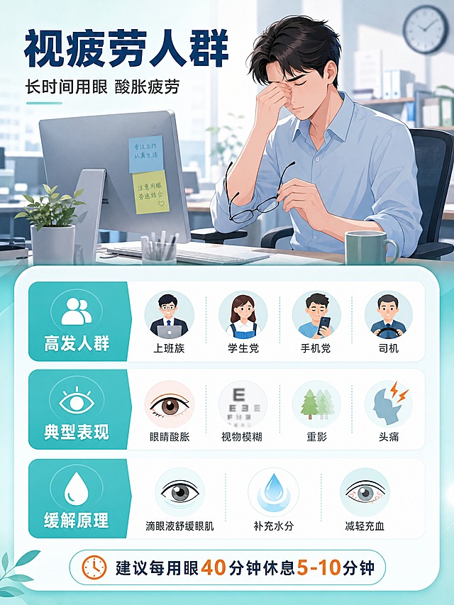 [商品] 无实物产品图，本页为视疲劳人群详解科普页。
[画面] 目标：详解视疲劳人群的特征与滴眼液缓解机制。构图：上下分栏，上部为办公场景插画（人坐在电脑前揉眼睛），下部为信息说明区。主体占比：场景插画占50%，信息区占50%。景别：中景办公场景。阅读动线：从上到下。前中后景：前景办公桌与人物、中景电脑屏幕、后景办公室环境虚化。
[视觉] 套系策略：风格=医疗健康科普风，清爽干净专业；标题字=思源黑体粗体；正文字=思源黑体常规；主色=清新蓝绿色（#2EC4B6）；背景延展=基于蓝绿色做深浅渐变、同色系分层和柔和光晕质感；强调色=暖橙色（#FF9F1C），仅用于小面积图标、重点标签和高亮数字；标题色=深海军蓝（#1A3A5C）；正文色=深灰（#333333）；组件=圆角信息卡片、细线引线、圆形图标底衬；光影=柔和正面光，干净明亮，无硬阴影。
[文字] 主标题「视疲劳人群」，副标题「长时间用眼 酸胀疲劳」。信息区3个板块：「高发人群」——上班族、学生党、手机党、司机；「典型表现」——眼睛酸胀、视物模糊、重影、头痛；「缓解原理」——滴眼液舒缓眼肌、补充水分、减轻充血。配3个对应图标。底部提示「建议每用眼40分钟休息5-10分钟」。
[规格] 图片比例3:4竖版（宽750px高1000px），分辨率4K，负向提示：避免模糊、错字、文字过小、夸张恐吓、医疗绝对化用语、低俗画面。