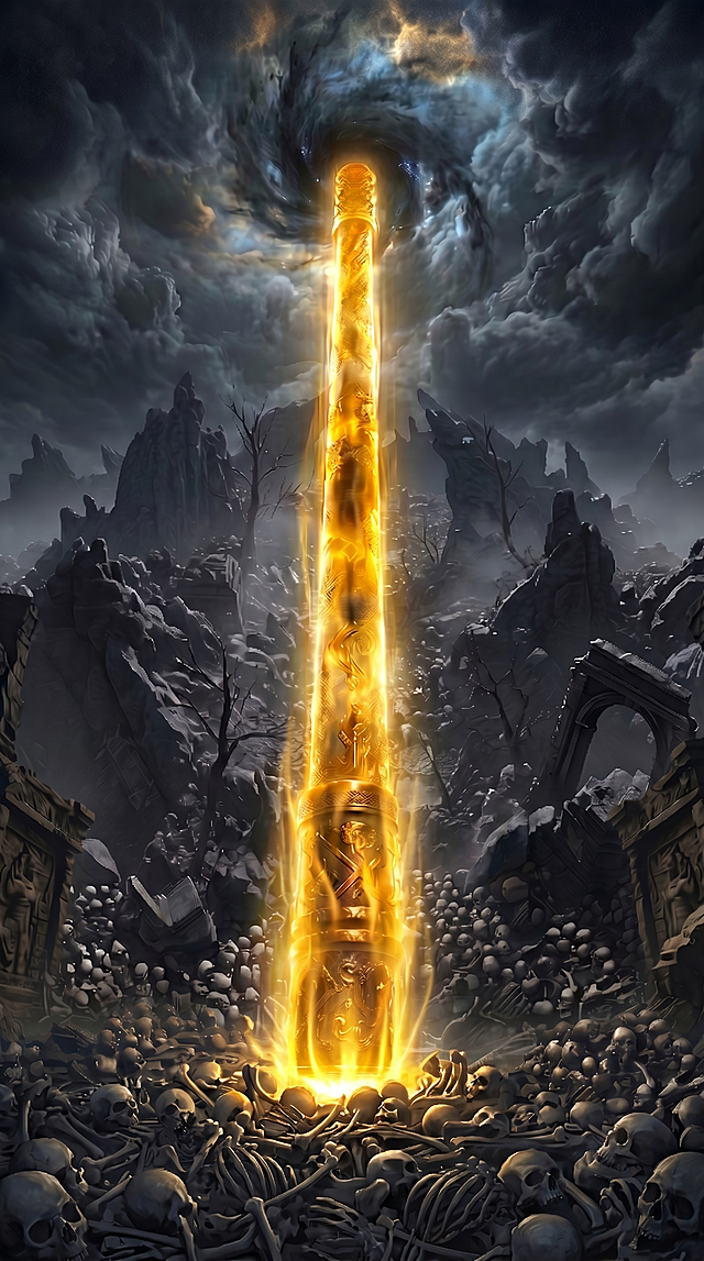 移除图片中的黑神话悟空人物，只保留巨型发光金色金箍棒，保持金箍棒位置、大小和整体发光效果不变，保留布满骷髅尸骨的荒山峡谷场景和上方漩涡乌云天空，保持9:16竖版构图和暗黑阴沉风格