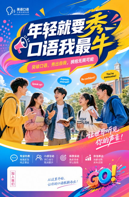 大学生英语口语品牌宣传展示海报，活力青春风格，尺寸比例对应149乘226.5厘米，使用明亮多彩配色，搭配年轻大学生互动交流画面，宣传语包含“年轻就要秀，口语我最牛”，“突破口语，秀出自我，拥抱无限可能预览效果