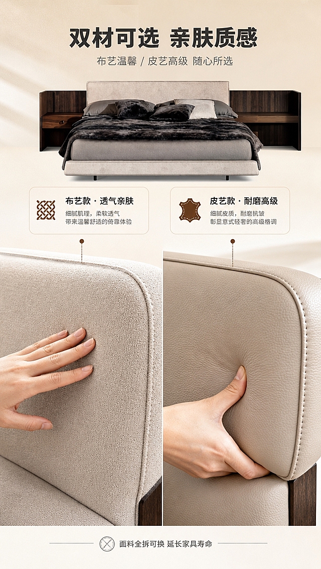 [商品] 使用【图1】意式简约箱体床床头部分，保留高软包造型与整体轮廓；商品处理：放大床头面料区域，分别展示布艺细腻纹理与皮艺光滑质感，保留缝线细节，不改变造型。
[画面] 目标：材质工艺页，展示布艺+皮艺双材质可选与面料质感。上下分栏构图，上半部分文案+材质对比，下半部分大图特写。画面左侧布艺材质特写（手部轻触），右侧皮艺材质特写（手部按压），形成双材质对比。主体占画面约65%，微距特写景别。背景：浅米色哑光台面+柔和侧光，突出材质纹理。
[视觉] 套系策略：风格=意式简约轻奢高级商业摄影；标题字=现代无衬线粗体（思源黑体Heavy）；正文字=简洁无衬线体（思源黑体Regular）；主色=米白暖杏；背景延展=基于米白暖杏做深浅层级、同色渐变和细腻哑光墙面/织物质感；强调色=深咖棕，仅用于小面积图标、引线和标签；标题色=深炭灰；正文色=中暖灰；组件=圆角浅底信息卡、细线引线、极简icon；光影=左前侧暖柔光+右侧自然光逆光轮廓，整体亮色调，高级通透。
[文字] 顶部主标题「双材可选 亲肤质感」（8字），副标题「布艺温馨 / 皮艺高级 随心所选」（14字），下方左右各配材质说明：左侧「布艺款 · 透气亲肤」，右侧「皮艺款 · 耐磨高级」，底部小字「面料全拆可换 延长家具寿命」。
[规格] 图片比例9:16竖版，4K分辨率，负向提示：避免变形、错字、文字过小、冷蓝/蓝灰背景、材质纹理失真、颜色改变。